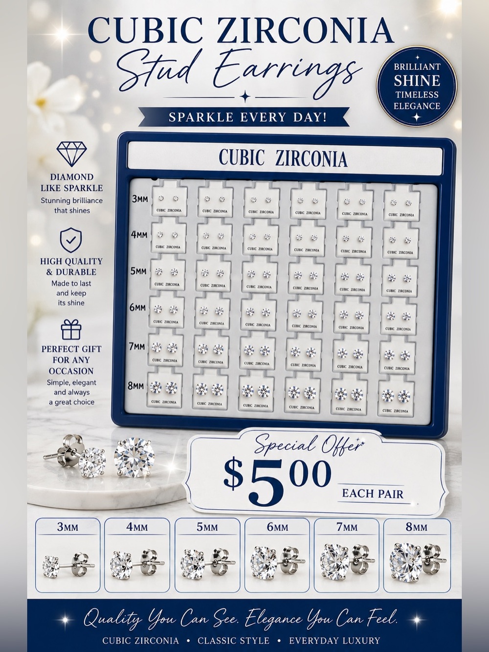 🩷. 1350. Cubic Zirconia Stud Earrings - Silver Sparkle
